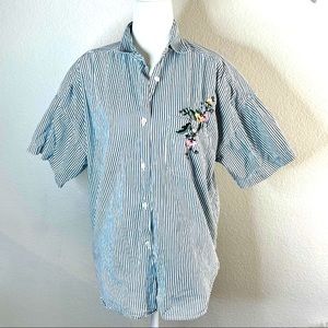 Vintage Button front Striped top with shoulder pads and embroidery detail flower